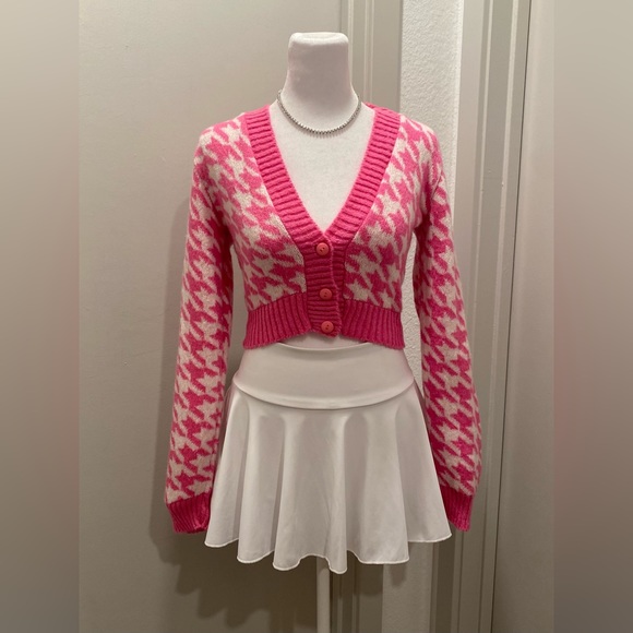 NastyGal Got Knit Right Barbiecore Pink & White Houndstooth Cropped Cardigan - S - Picture 7 of 17